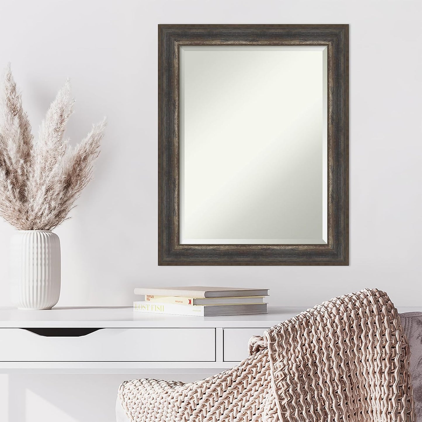 Amanti Art Brown Wall Mirror 29x23 Alta Rustic Char Rectangle Bathroom Mirror for Wall Decor Living Room, Medium Rustic Farmhouse Frame, Hangs Horizonally and Vertically, Bathroom Decor, Beveled Edge