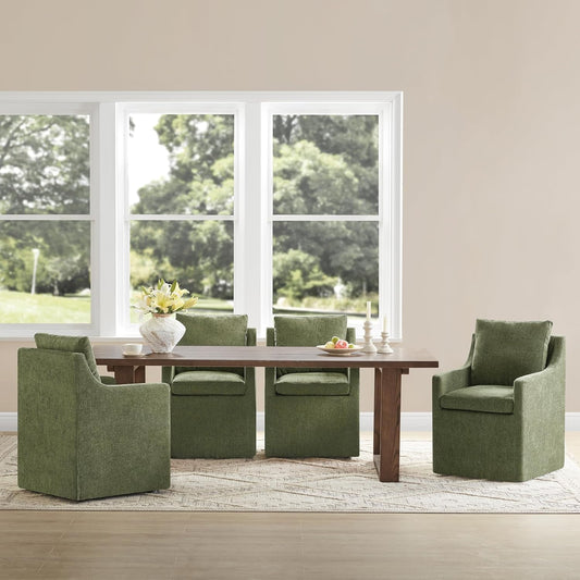 Upholstered Dining Chairs with Casters Easy Assembly Side Deskchair with Rollers for Diningroom, Living Room, Green, 4 Box