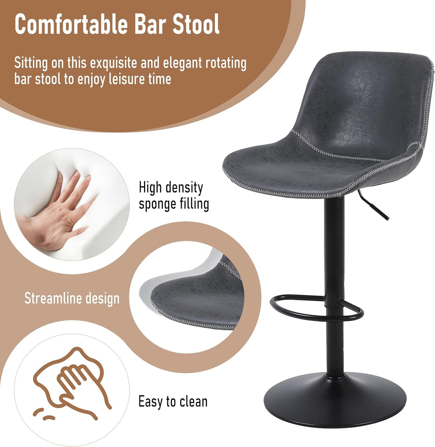 Bar Stools Set of 2, Swivel Counter Height Barstools with Back, Adjustable Bar Chairs, Tall Armless PU Leather Kitchen Island Stool (Black)