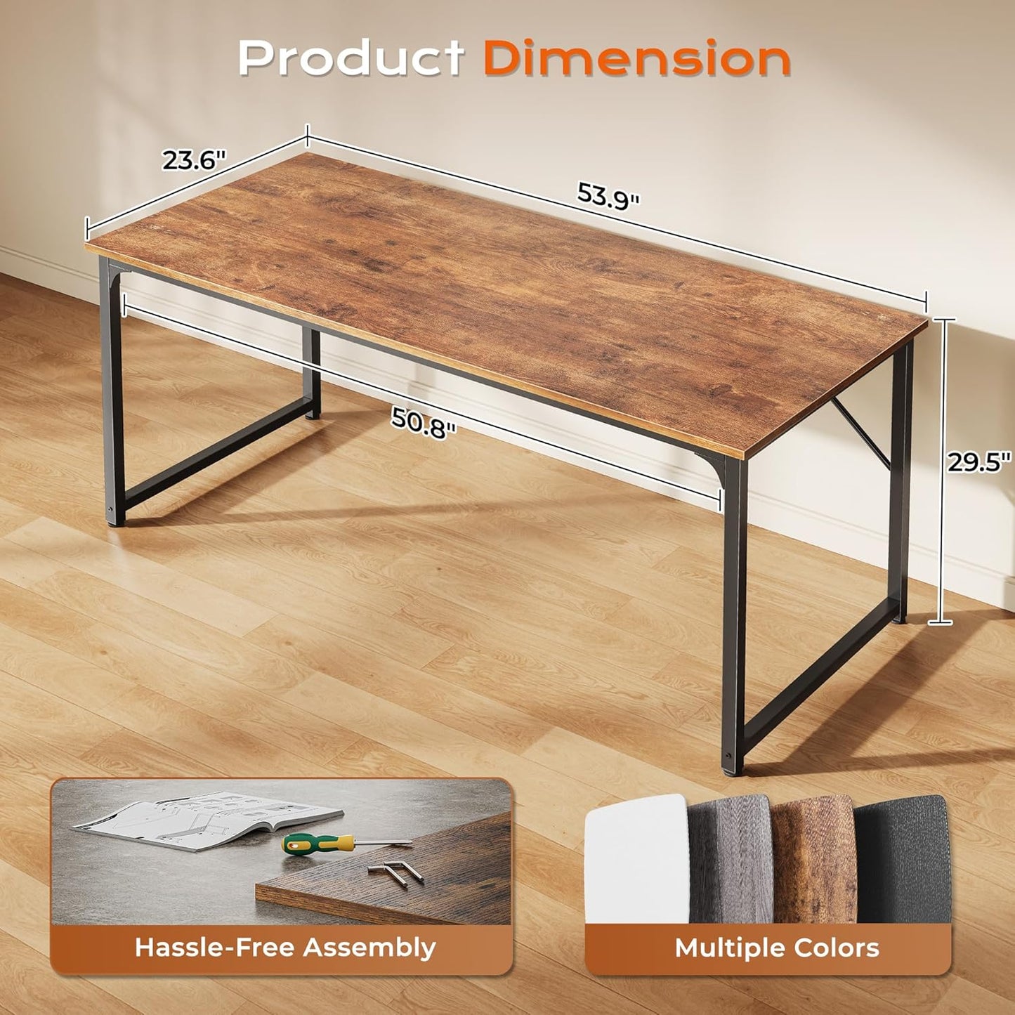 PRAISUN 54 X 24 Inch Computer Desk with Deeper Desktop, Gaming Office Writing Work Desk for Home Office, Study, Bedroom, Work from Home, Metal Frame, Rustic Brown
