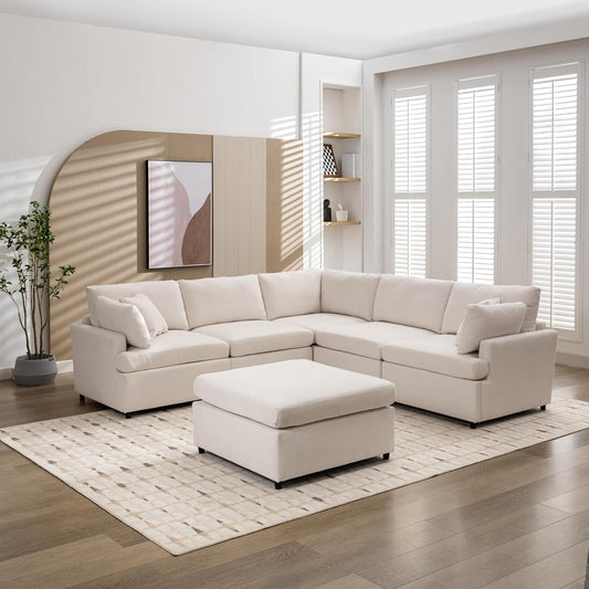 Merax 6-Seater Modern Large U-Shape Sectional Sofa, with Removable Ottomans for Living Room,Beige