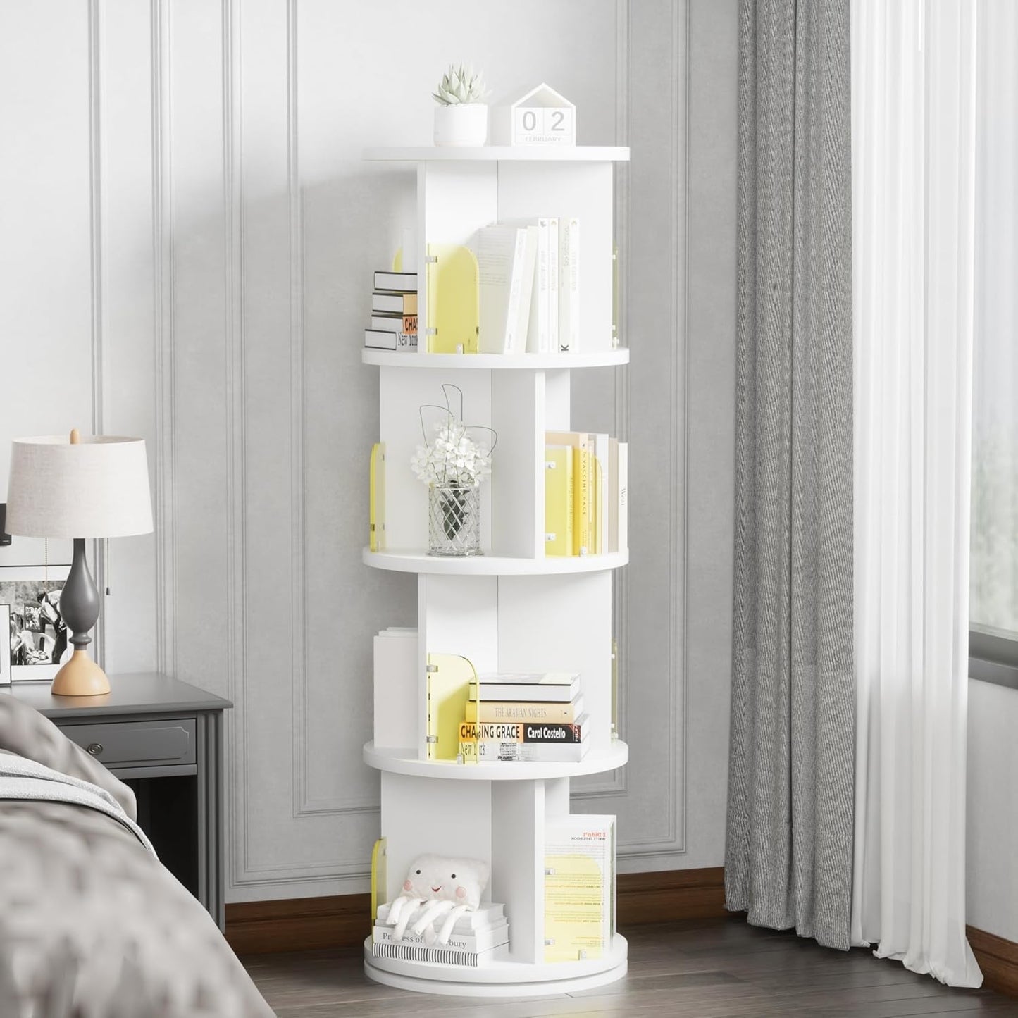 VECELO Rotating Bookshelf Tower, 360°Revolving Bookcase, Round Book Shelf Rotating, Stackable Storage Display Rack Floor Standing for Kids&Adults Solid Wood, White