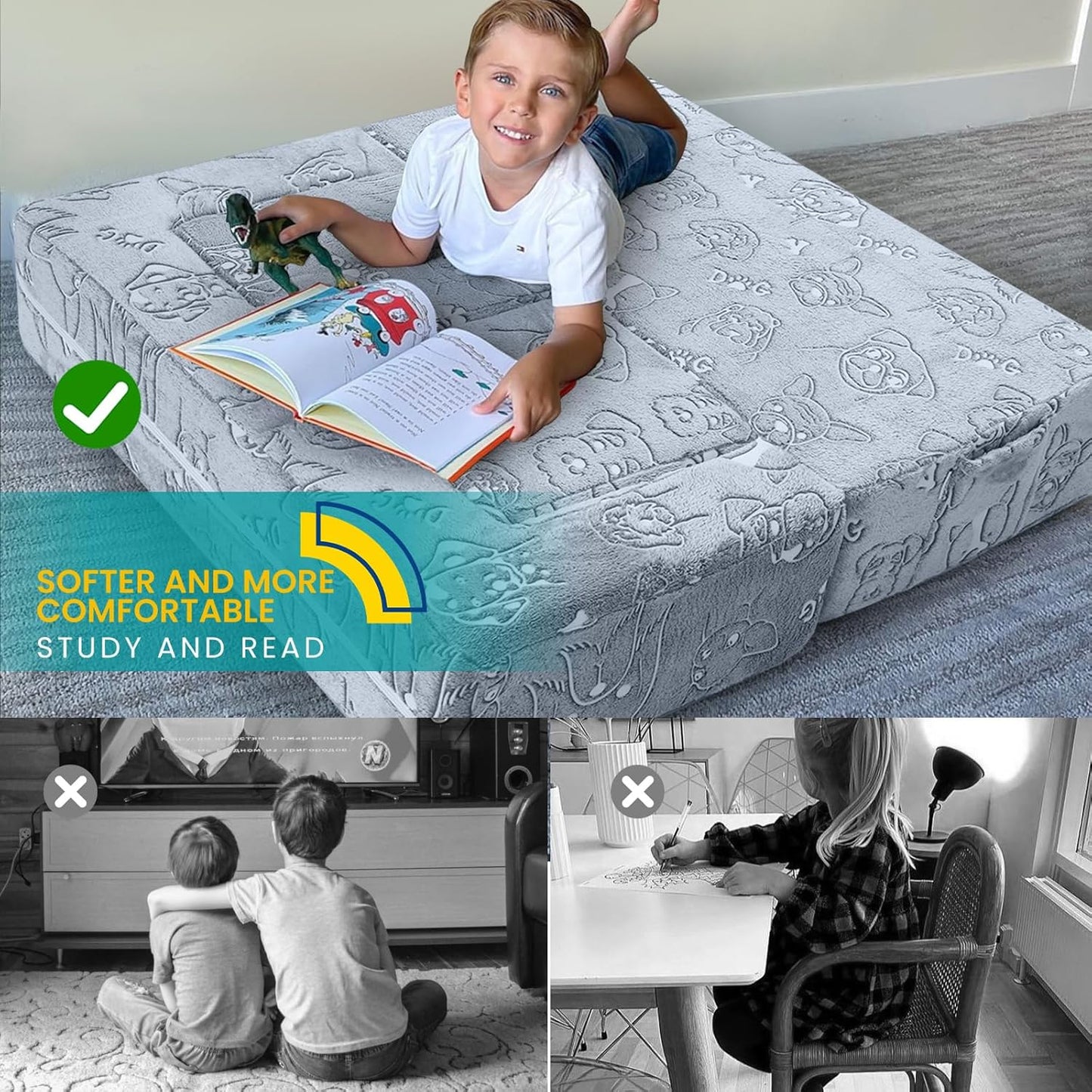 MeMoreCool Kids Sofa Couch, Glow in Dark Toddler Chair Fold Out, Modular Play Couch for Playroom, Child Foam Blocks Convertible Baby Furniture (Glowing Dogs)
