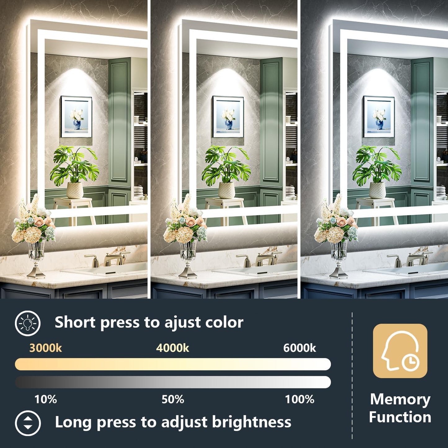 24x32 Inch LED Bathroom Mirror with Lights Front and Backlit Lighted Vanity Mirror for Bathroom Wall with 3 Colors Dimmable Anti-Fog Memory Shatter-Proof IP54 Waterproof Horizontal/Vertical