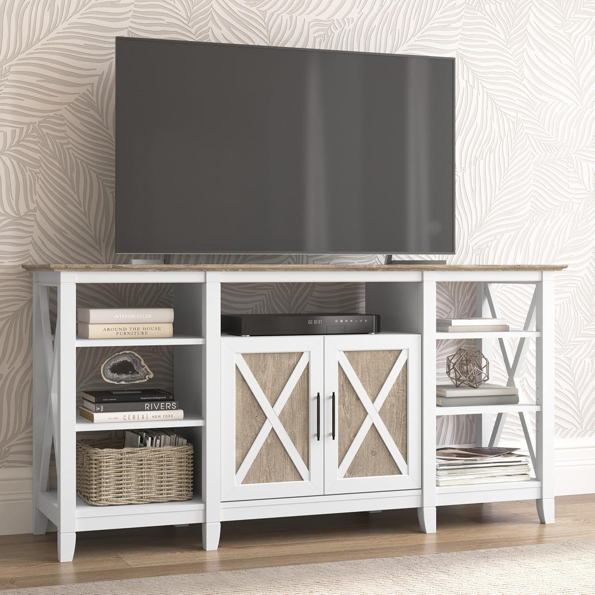 Bush Furniture Key West Tall TV Stand for 65 Inch TV in Pure White and Shiplap Gray, Farmhouse Entertainment Center with Storage