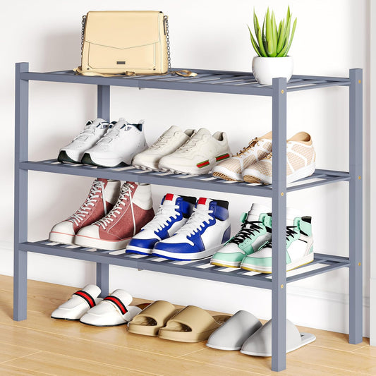 Smiry Shoe Rack, 3 Tier Bamboo Shoe Organizer, Stackable Free Standing Wooden Shoe Storage Shelf for Closet, Entryway, Front Door Entrance, Grey
