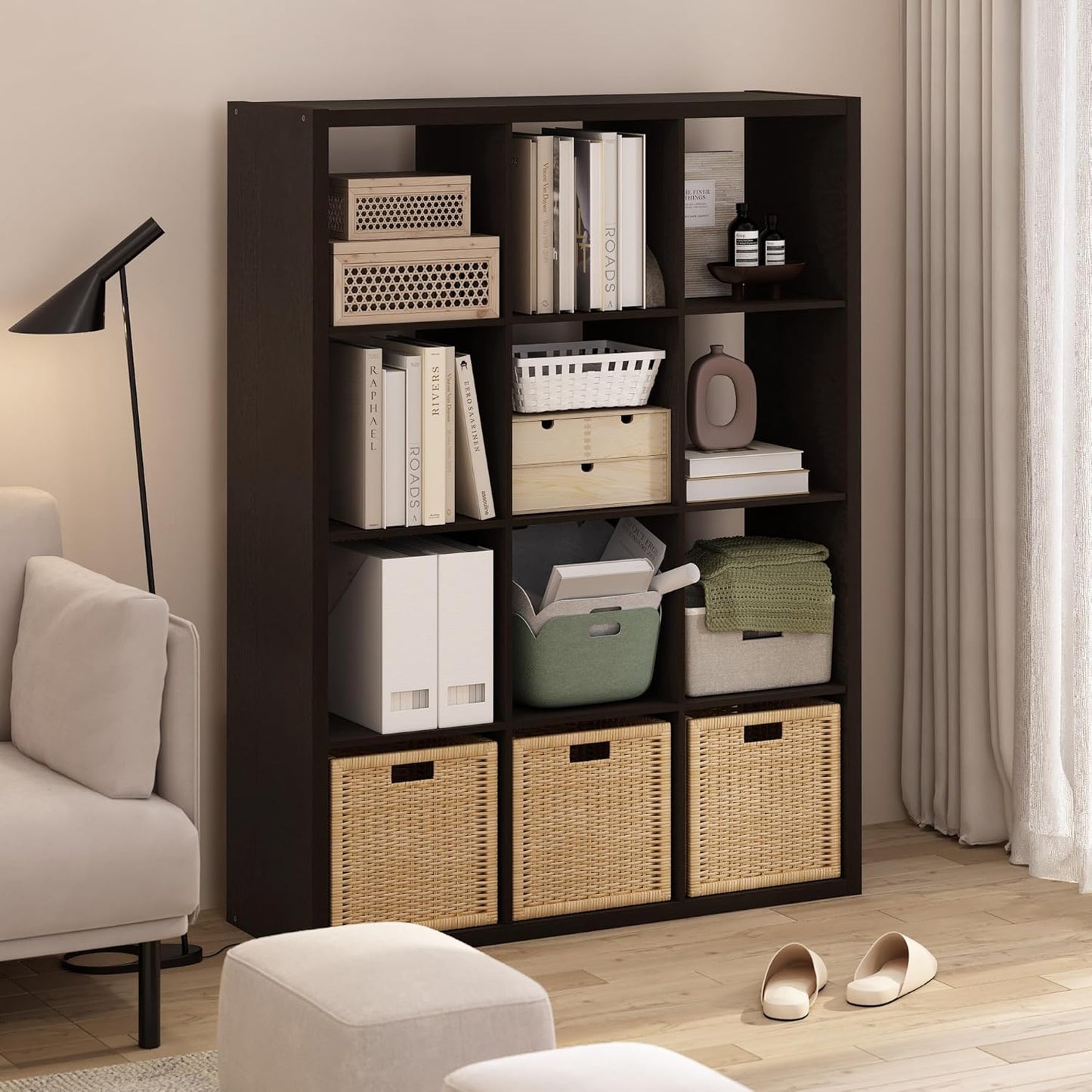 Furinno Cubicle Open Back Decorative Cube Storage Organizer, 12-Cube, Black Dark Oak