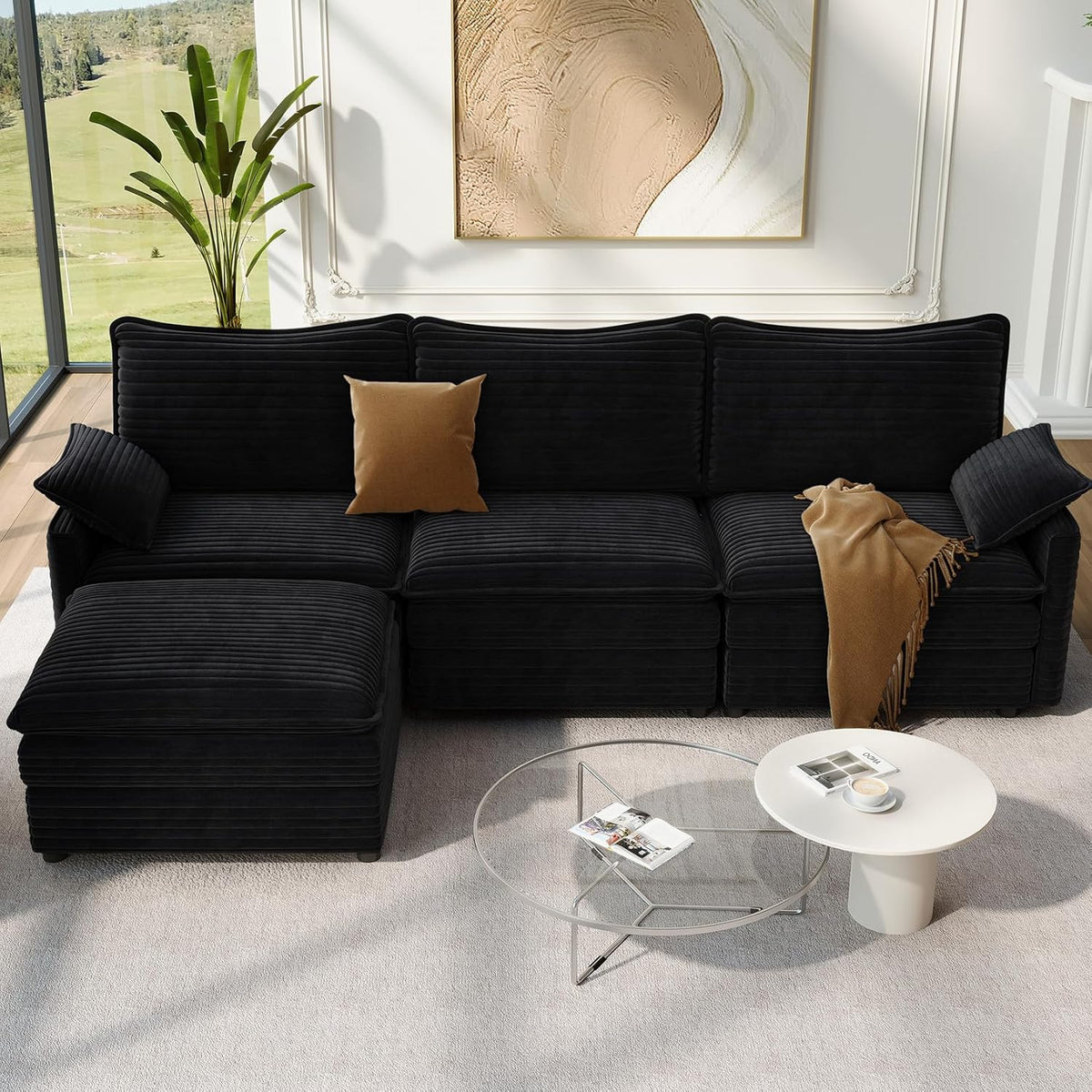 Vesgantti 108" Modular Sectional Sofa, Comfy Cloud Couch with Movable Ottoman Deep Seat Corduroy L Shaped Modular Sofa, Sectional Couches for Living Room, Bedroom and Apartment, Black