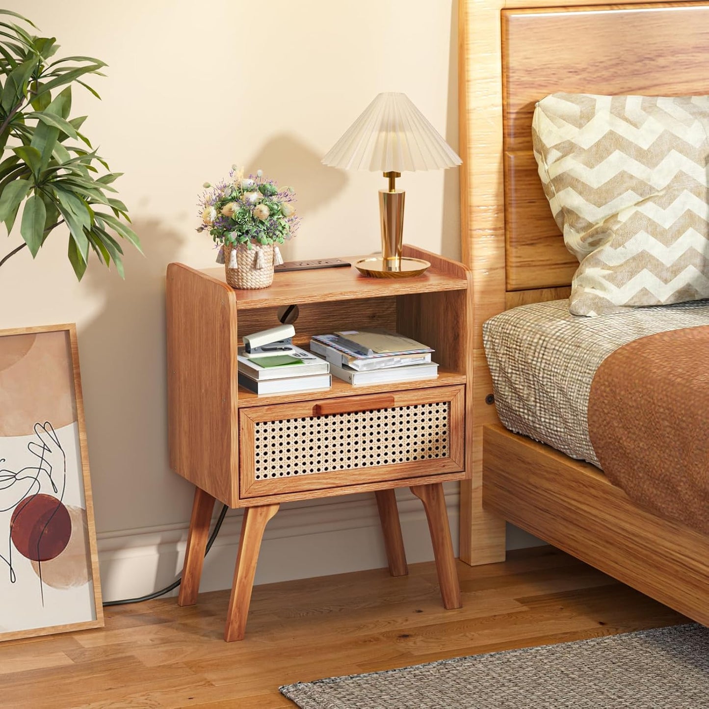 Lerliuo Rattan Nightstands Set of 2 with Charging Station, Side Table with Drawer, Cane Accent Bedside End Table with Solid Wood Legs, Night Stand for Bedroom, Dorm and Small Spaces (Tea Brown)