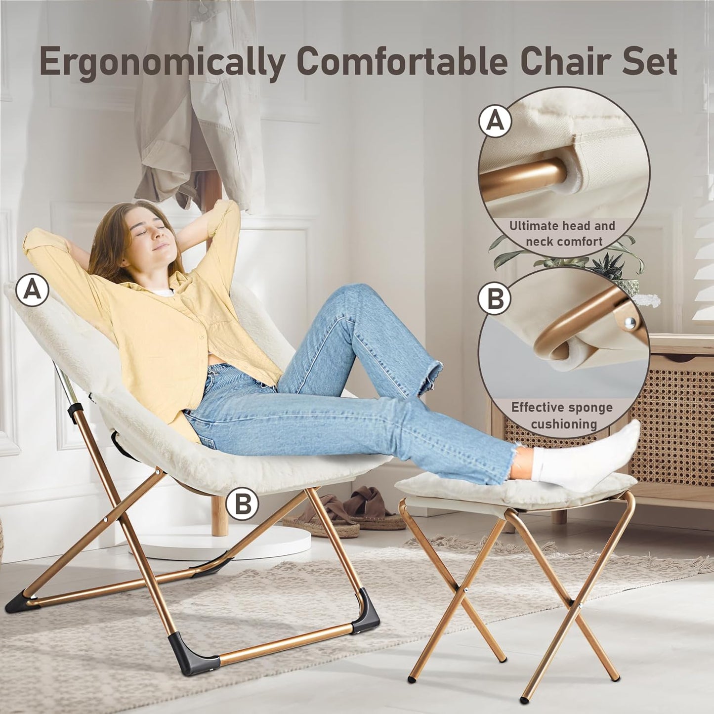 Comfy Oversized Saucer Chair with Ottoman,Soft Faux Fur Reading Lounge Chair for Adults,Stable X-Large Metal Frame and Non-Slip Pad,Cozy Chair for Bedroom, Living Room, Dorm, Office, Beige