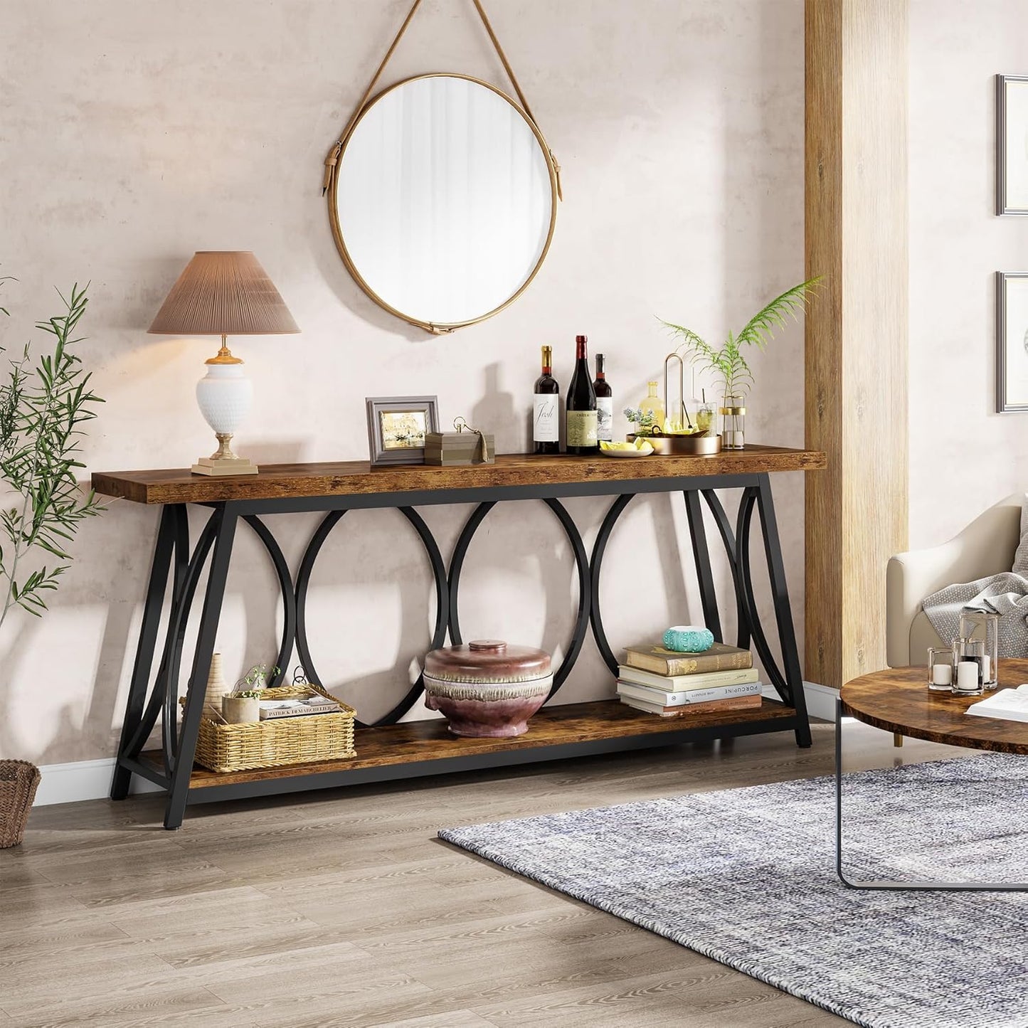 Tribesigns 70.9 inch Extra Long Console Table, Industrial Sofa Table Behind Couch with 2 Tier Storage Shelf, Narrow Entryway Hallway Accent Table for Living Room, Rustic Brown