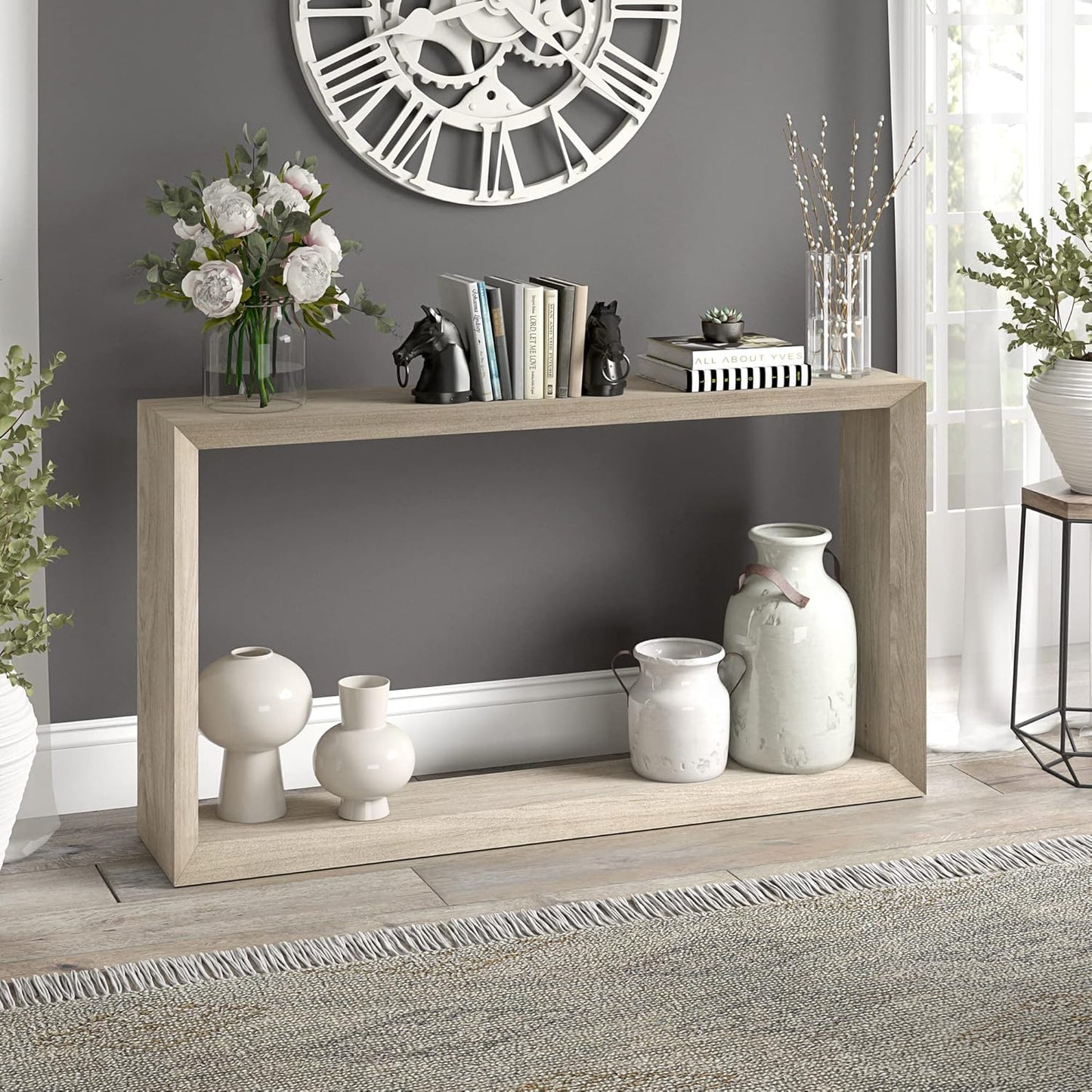 Henn&Hart 55'' Wooden Rectangular Console Table Entryway Table, Sofa Table with Wooden Shelf for Entryway, Living Room, Couch, Hallway, or Office, Antiqued Gray Oak