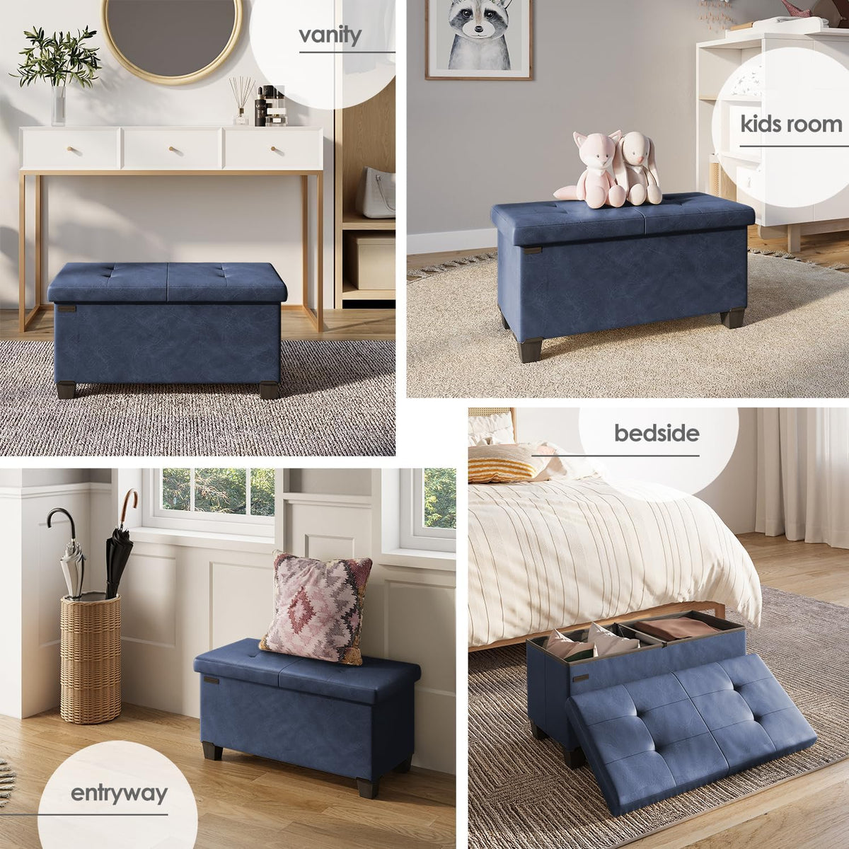 STORAGEBUD Storage Ottoman Bench with Bins, 30-in Storage Bench for Bedroom End of Bed, Folding Foot Rest Ottoman for Living Room Max 660lbs, Faux Leather Ottomans, Blue