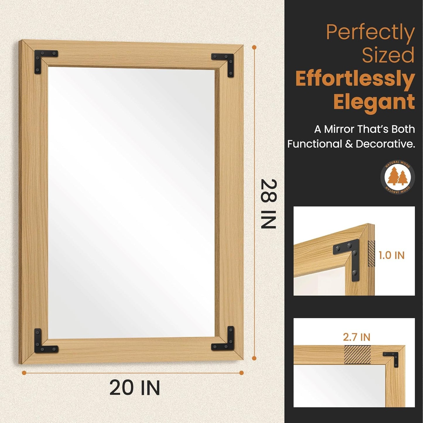 Bathroom Mirror for Wall with Wooden Frame, 20"x28" Solid Wood Vanity Mirror for Farmhouse, Bathroom, Bedroom, Vertical or Horizontal Hanging(Natural)