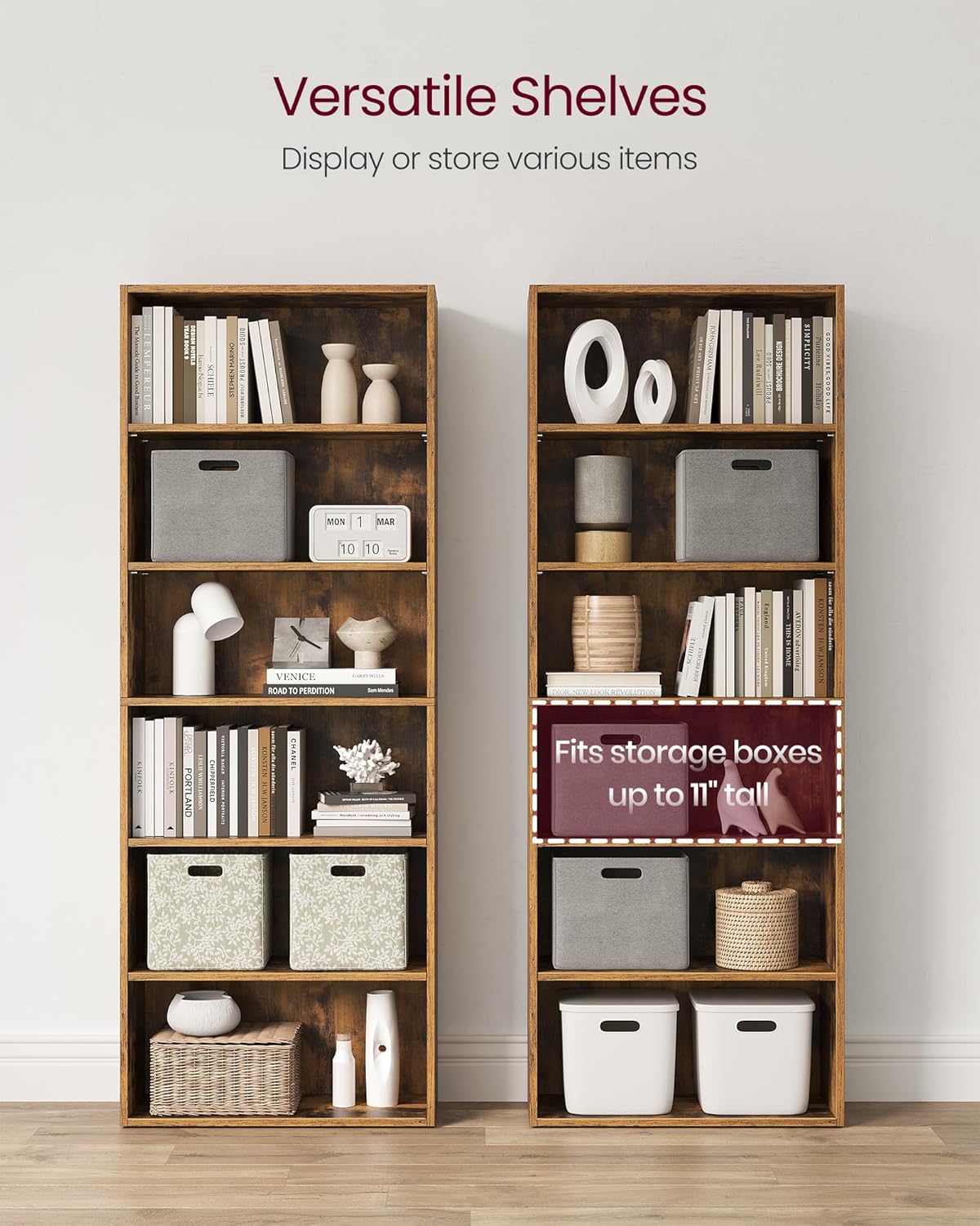 VASAGLE CUSTOS Collection - Bookshelf, 6-Tier Bookcase, Book Shelf, Open Storage Shelf, 9.4 x 23.6 x 63.3 Inches, for Living Room, Home Office, Dinning Room, Rustic Brown ULBC166X01