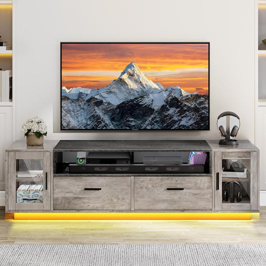 YITAHOME TV Stands for Living Room, Farmhouse TV Stand for 65/70 inch TV, LED TV Entertainment Center with Storage & Power Outlets, TV Console Cabinet, Rustic Grey