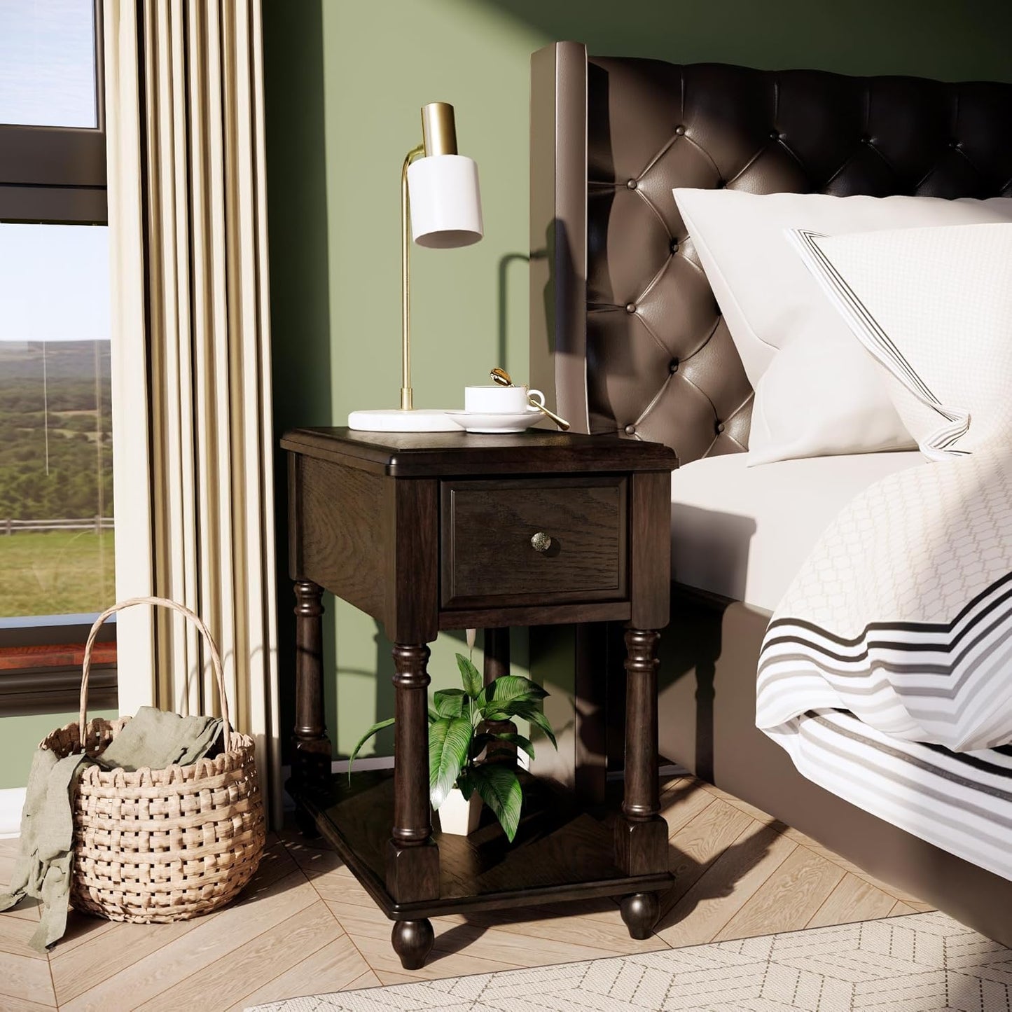 LEEMTORIG Solid Wood End Table Narrow Side Table with Drawer, Cherry Wood End Table Living Room, 13" W Slim Bedside Table Small Nightstand, 22" D x 22.7" H, No-Tools Assembly, Rustic Black BBJ-004-BK