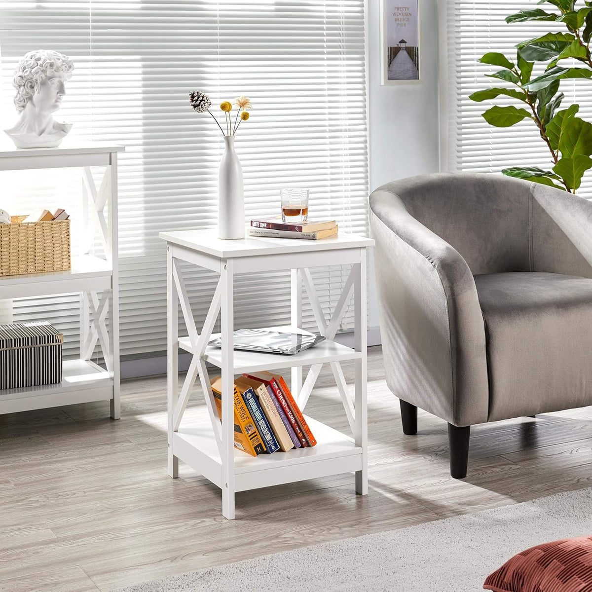 Yaheetech 3 Tier Sofa Side End Table with Shelf, X Shaped Sturdy Large Chair Side Snack Table for Living Room, Display Unit Organizer, White, 15.7 x 15.7 x 24’’ (L x W x H)