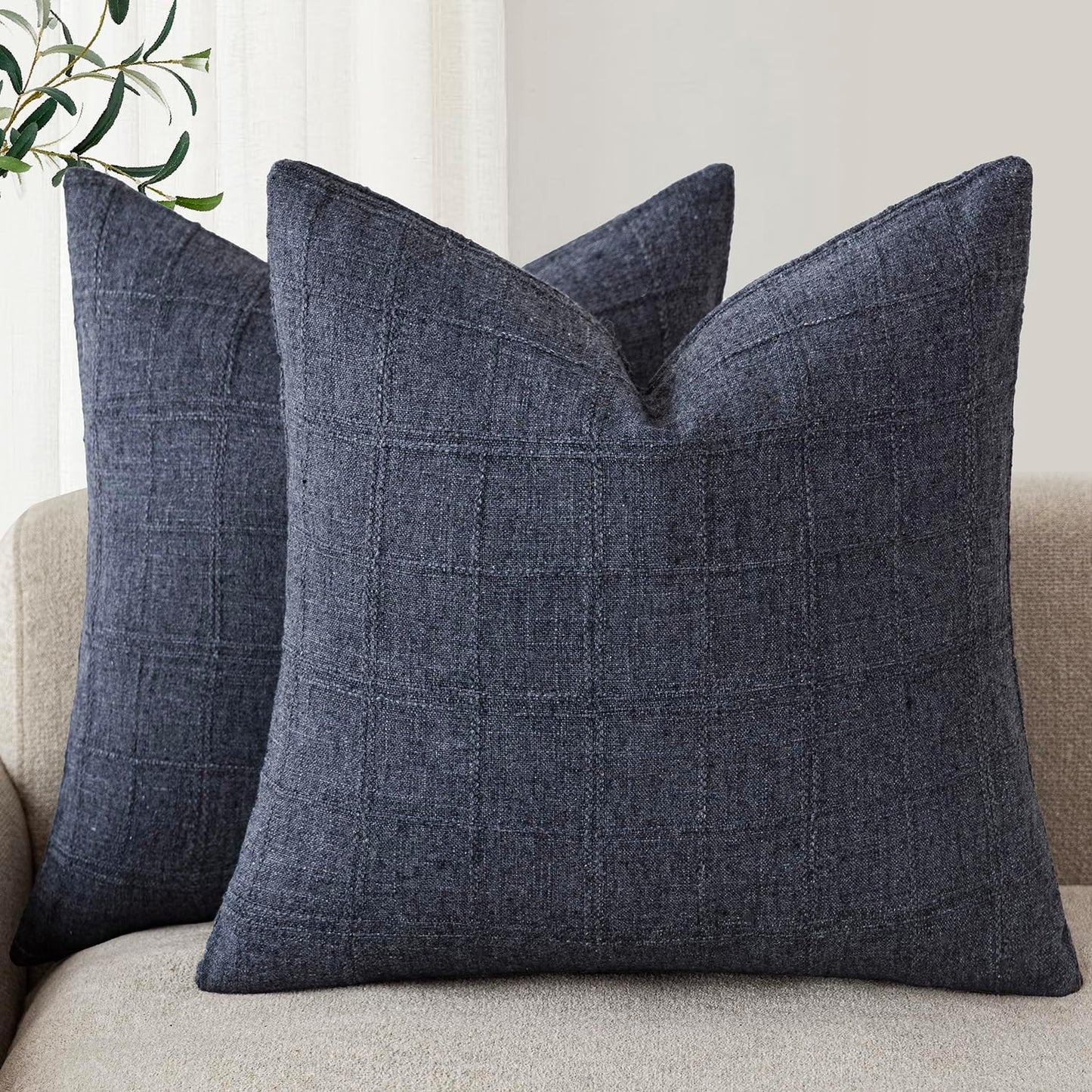 Foindtower Set of 2 Decorative Linen Check Throw Pillow Covers Neutral Farmhouse Vintage Cushion Covers Modern Boho Home Decor for Sofa Chair Couch Bedroom Living Room Outdoor,26×26 Inch,Navy Blue