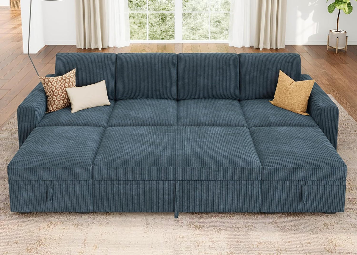 HONBAY Modular Sectional Sleeper Sofa Bed, Corduroy Pull Out Couch with Storage Ottoman, U Shaped Sectional Couches for Living Room, Blue