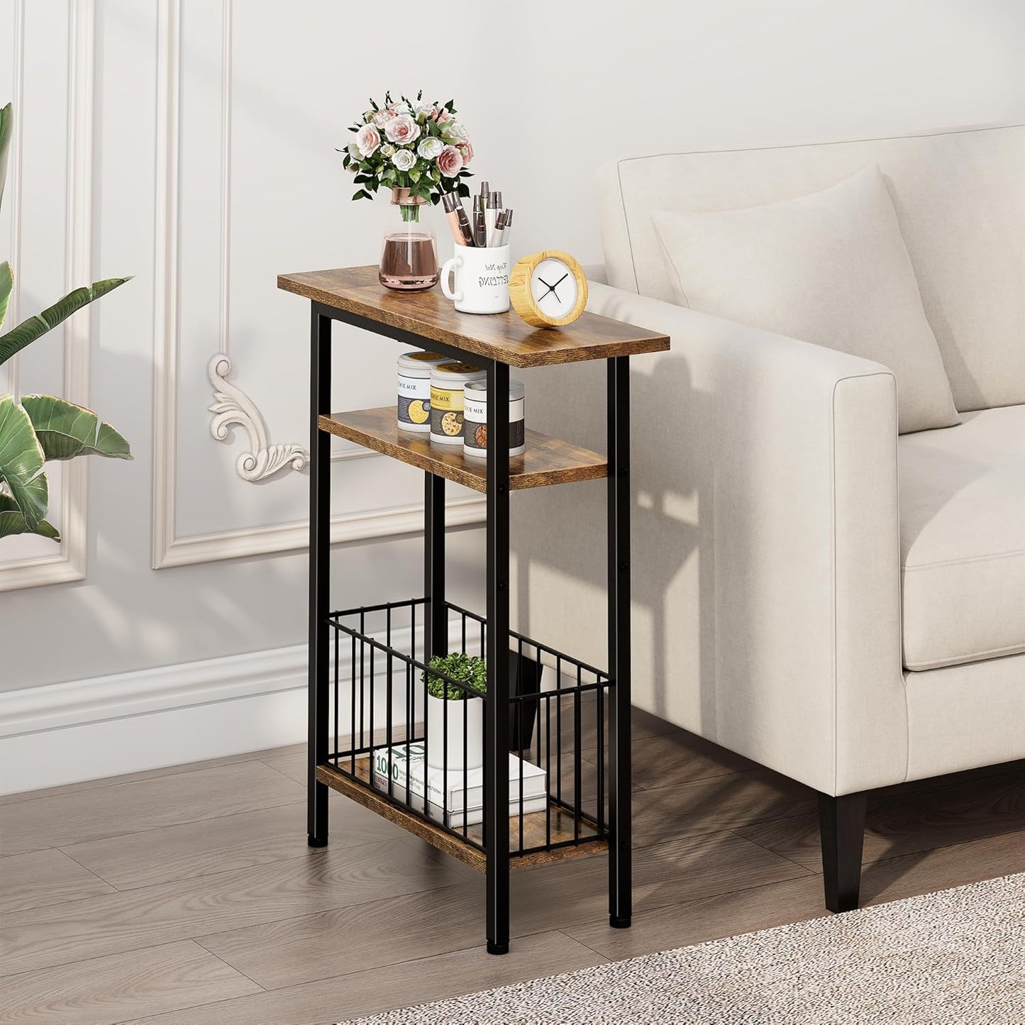 Vagusicc Narrow Side Table, 3-Tier Skinny End Table for Couch Sofa, Small Side Tables for Small Spaces, Bed Side Table with Storage, 25.2" Tall Slim Nightstand for Living Room, Bedroom, Rustic Brown