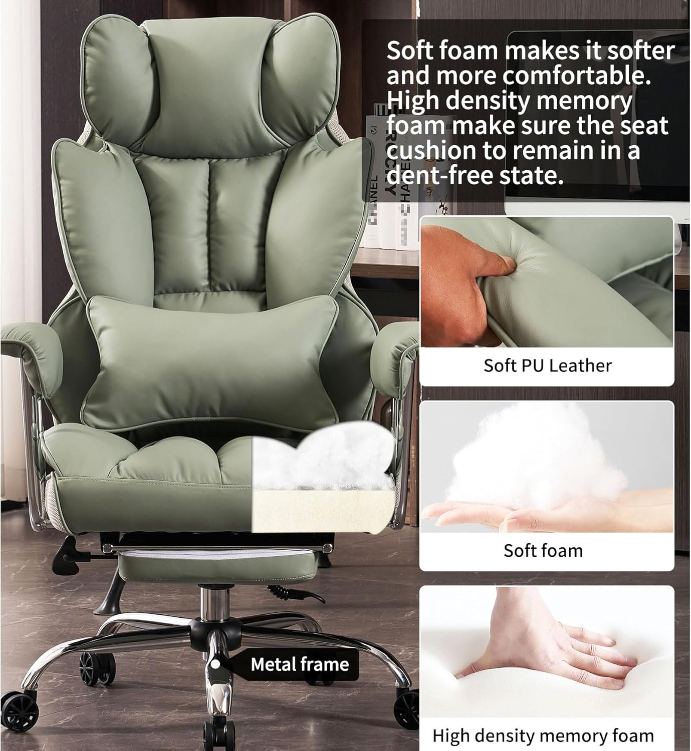 Efomao Big and Tall Office Chair 400lbs - Executive Office Chairs with Footrest, Heavy-Duty PU Leather Computer Chair for Heavy People, Light Green Home Office Desk Chairs