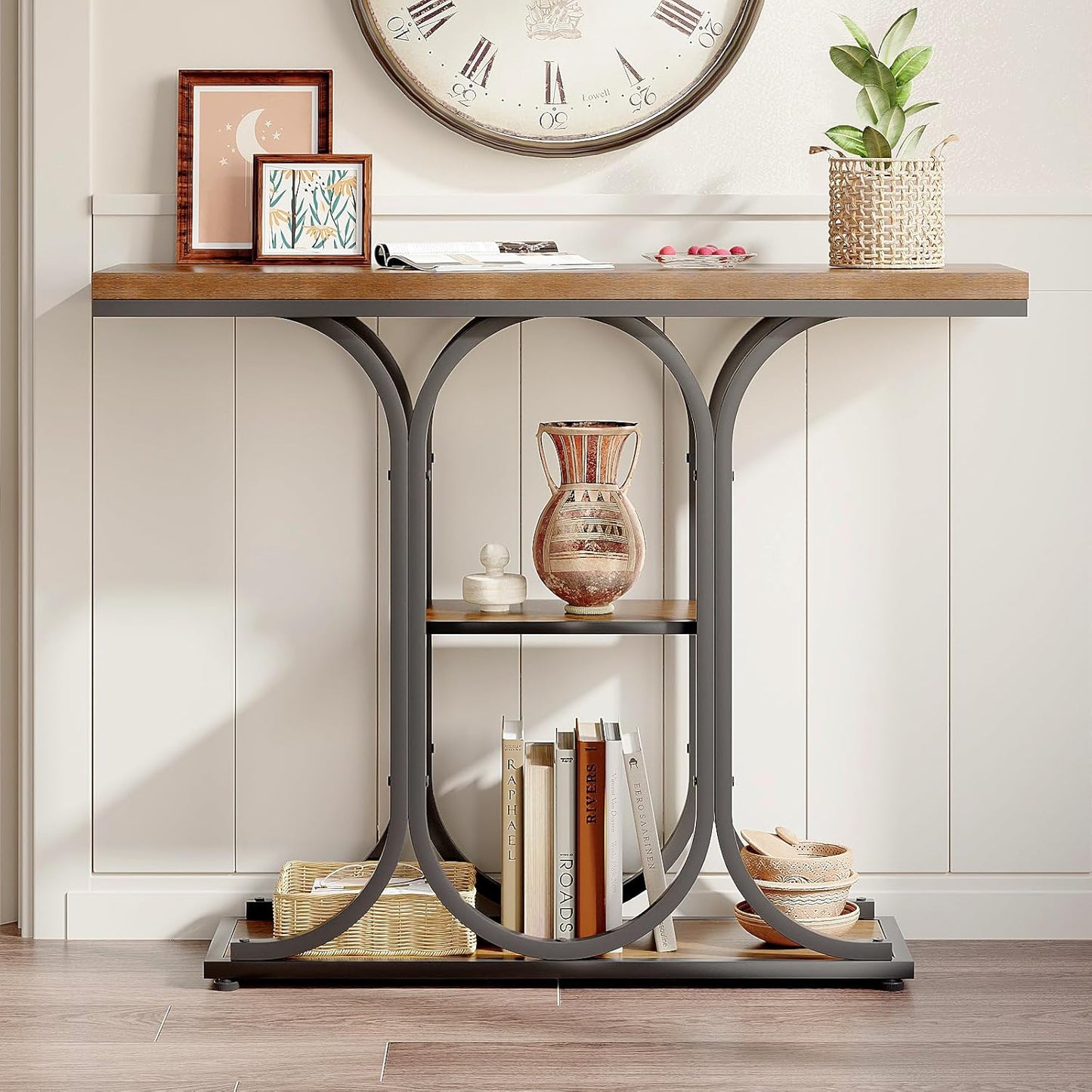 GiftGo Narrow Console Table for Entryway Industrial Sofa Table Behind Couch Ellipse Frame Rustic Wooden Accent Tables with Storage Shelves for Living Room, Hallway, Foyer (Brown)