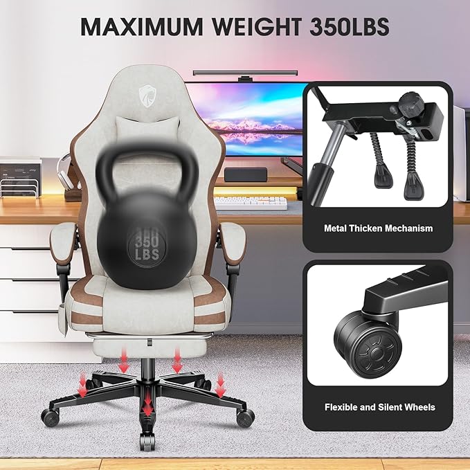 Gaming Chair, Fabric Computer Office Chair with Massage, Ergonomic Chair with Footrest Lumbar Support, Pocket Spring Widened Cushion Metal Legs 350LBS Beige