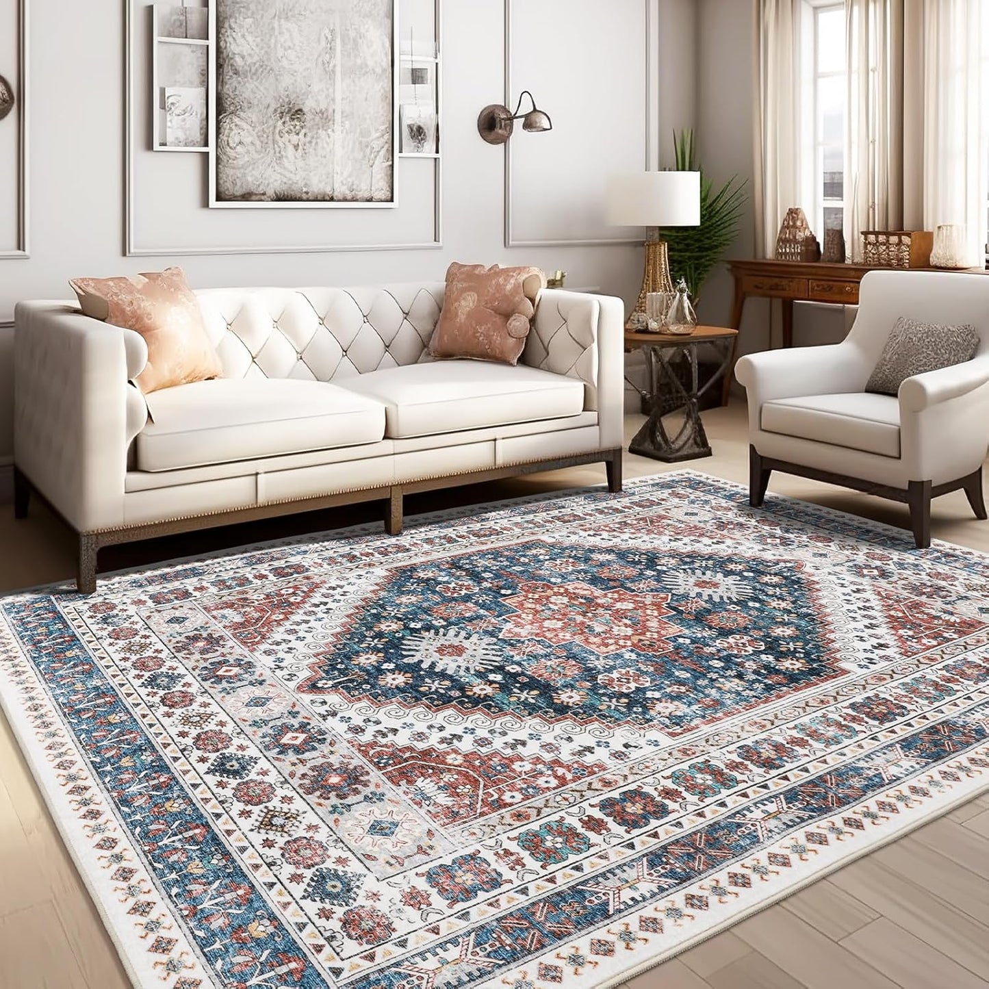 zesthome 6x9 Area Rug, Super Soft Washable Rugs for Living Room, Non-Slip Stain Resistant Vintage Rugs, Ultra-Thin Large Area Rugs (Navy Blue/Red,6'x9')