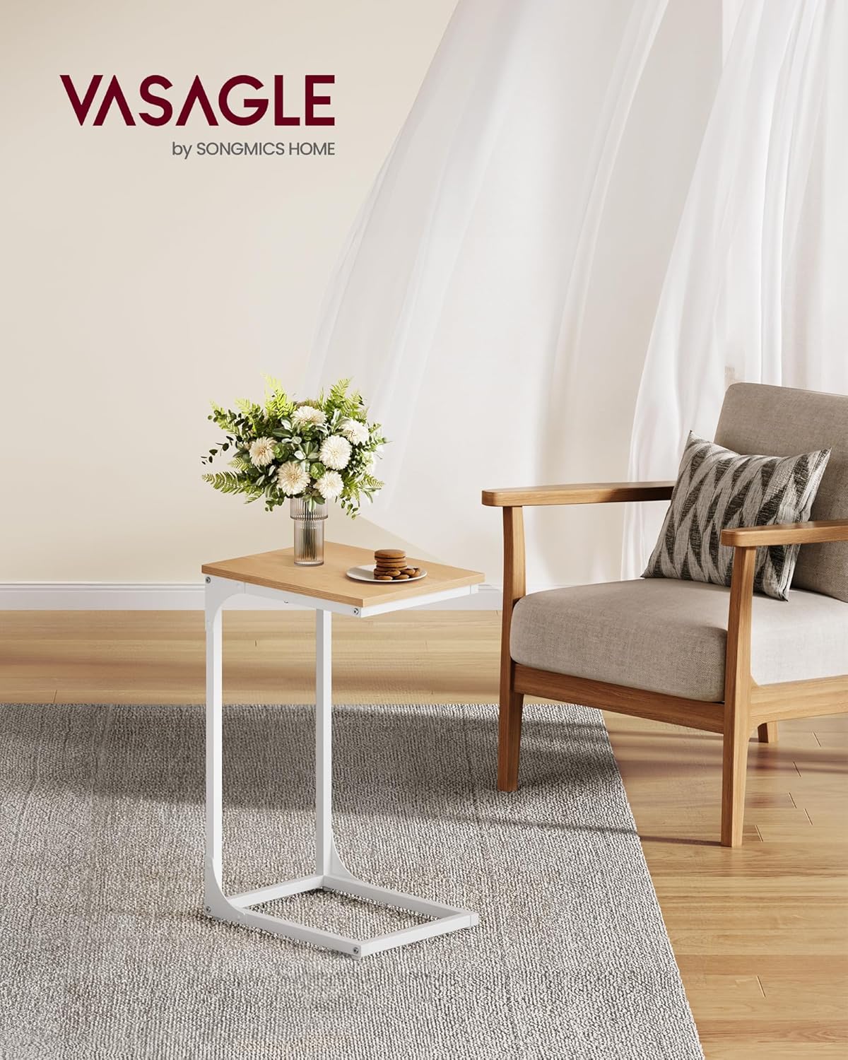 VASAGLE C-Shaped End Table, Small Side Table for Couch, Sofa Table with Metal Frame for Living Room, Bedroom, Bedside, Almond Yellow and Cloud White
