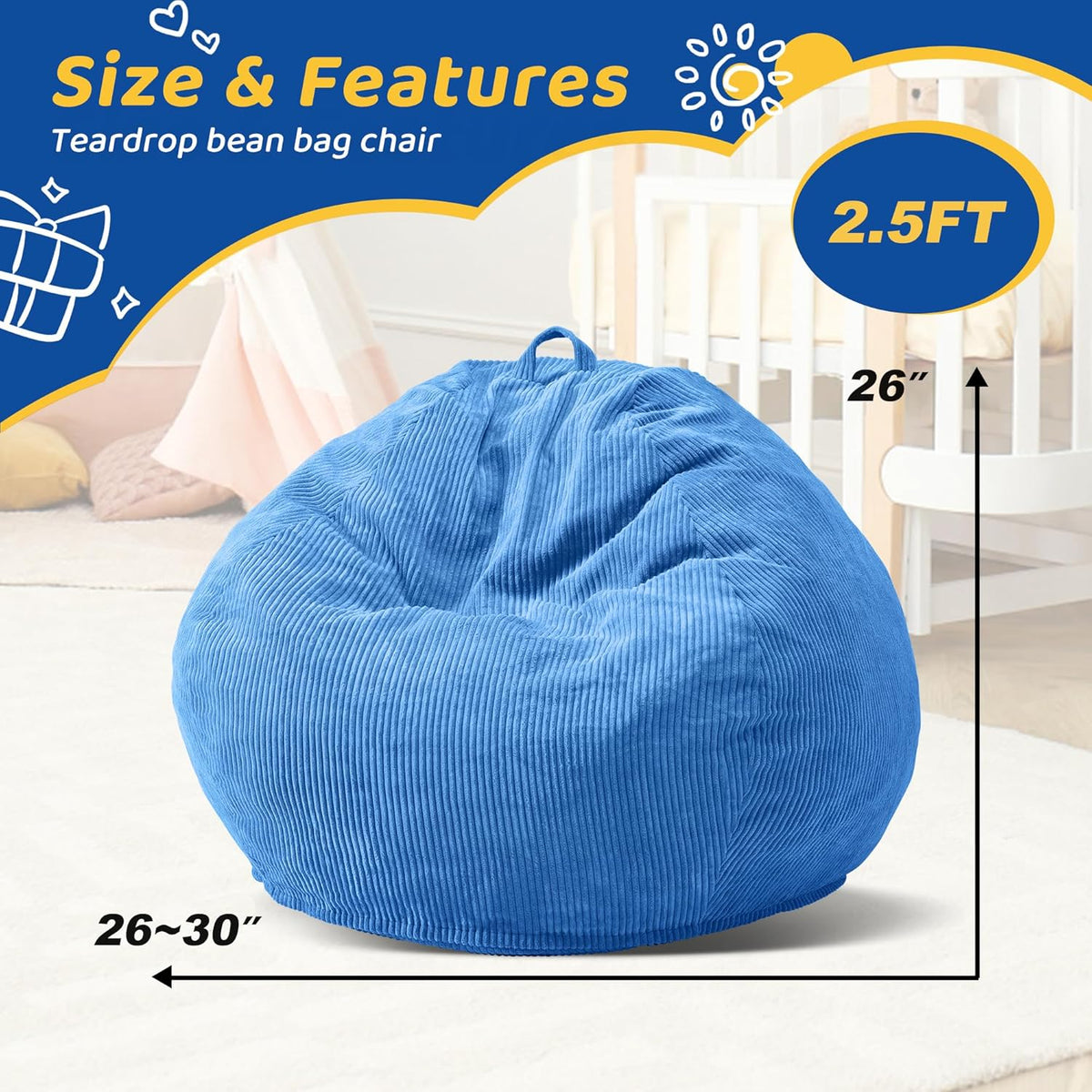 Bean Bag Chairs Teardrop Bean Bag Chair Beanbag Chair with Memory Foam Filled Machine Washable Cover for Living Room, Bedroom (Small,Blue)