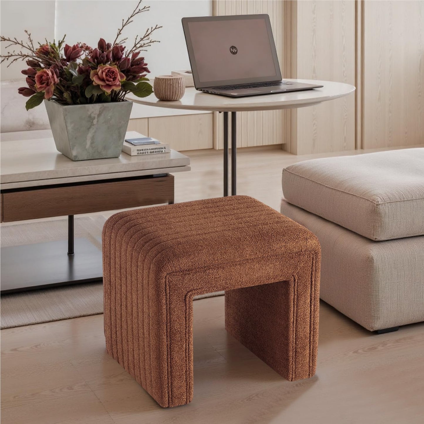 Get Set Style Vanity Stool Chair,Modern Wool Ottoman Foot Stool with Wooden Legs for Sofa Ottoman Bench Footstool Extra Seat for Vanity,Makeup Room,Living Room,Entryway(Fully Assembled)