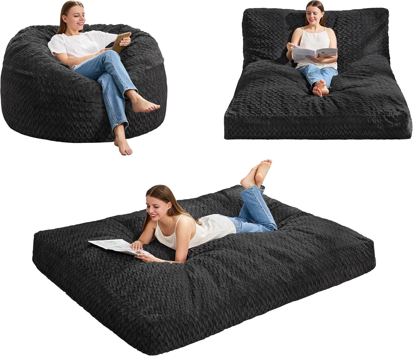 Hobestluk Bean Bag Chair Convertible Beanbag Chairs for Adults, 3 in 1 Bean Bags with Plush Chevron Cover, Adult Bean Bag Chair for Living Room, Bedroom (Black, Full)