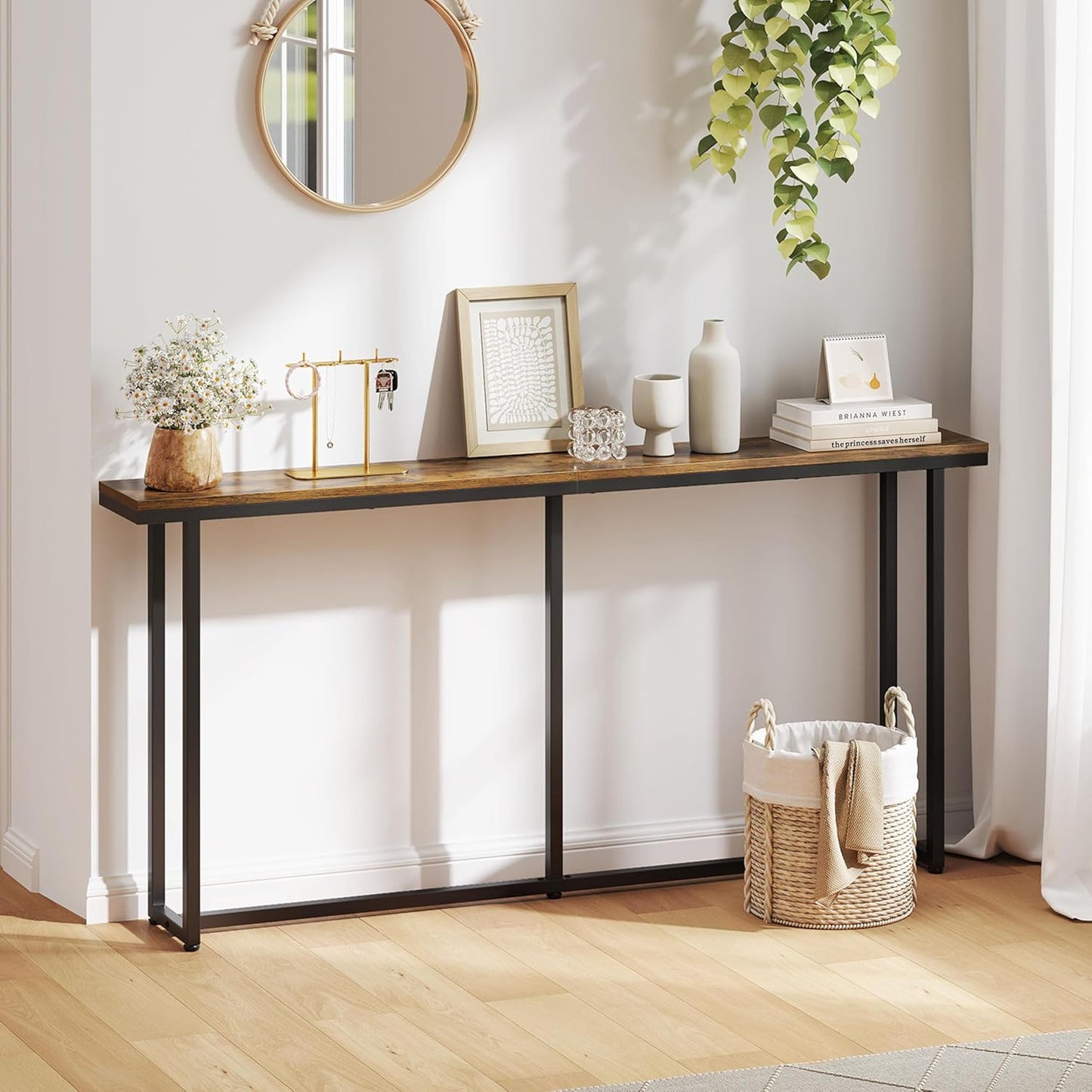 Yaheetech Narrow Console Table with Sturdy Metal Frame, 71 Inch Extra Long Entryway Sofa Table for Behind Couch, Hallway, Living Room, Rustic Brown