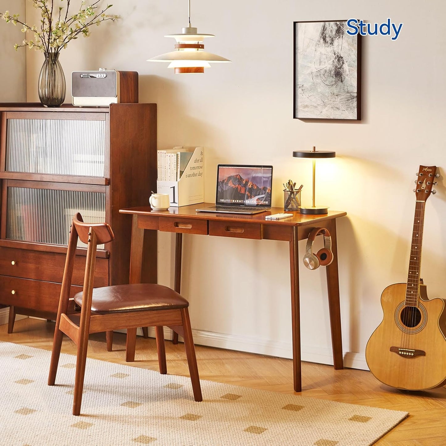 Wood Writing Desk with Drawer and Hanging Rod, Small Computer Desk Table, Work Table, Study Desk, Small Wooden Dining Table Brown YD-WD01H