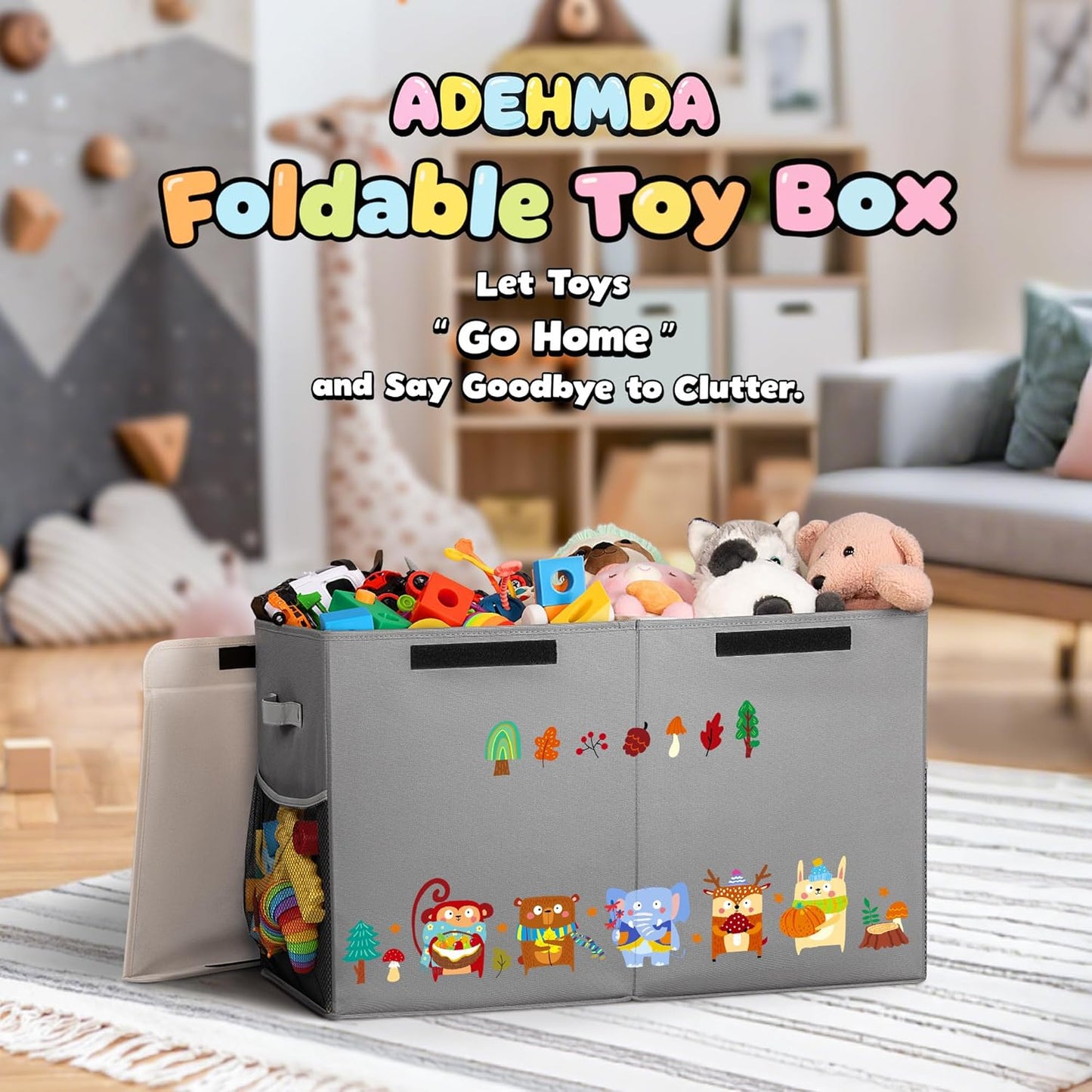 80L Large Toy Storage Box with Lid, Large Toy Box Chest for Kids, Girls and Boys, Nursery Room and Living Room, 26"x13" x16" (grey-animal)