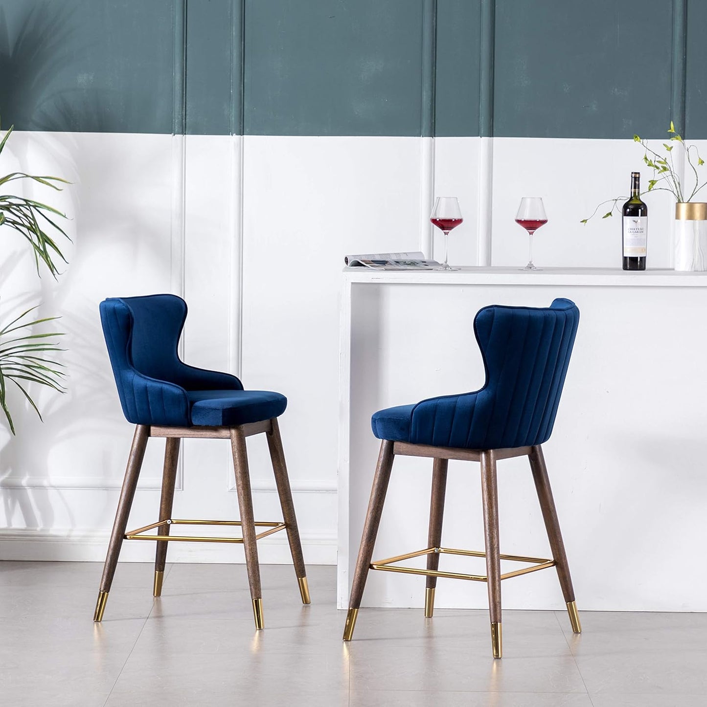 Roundhill Furniture Leland Fabric Upholstered Counter Height Wingback Stools, Set of 2, Blue