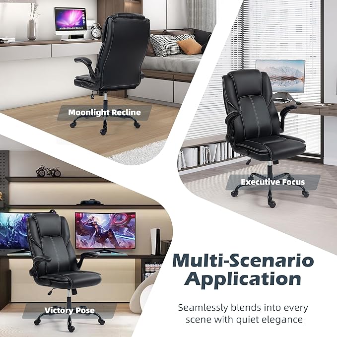 Office Chair - Executive Leather High Back Office Desk Chair with Rocking Function - Ergonomic Breathable Comfortable Wide Swivel Rolling Gaming Computer Chair with Flip-up Armrests & Lumbar Support