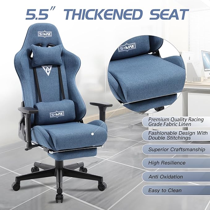 S*MAX Gaming Chair with Footrest Thicken Seat Black Gaming Chairs with 3D Armrest Gamer Chairs PU Leather Headrest and Lumbar Support High Back Gaming Chairs for Adults Deep Jeans Blue