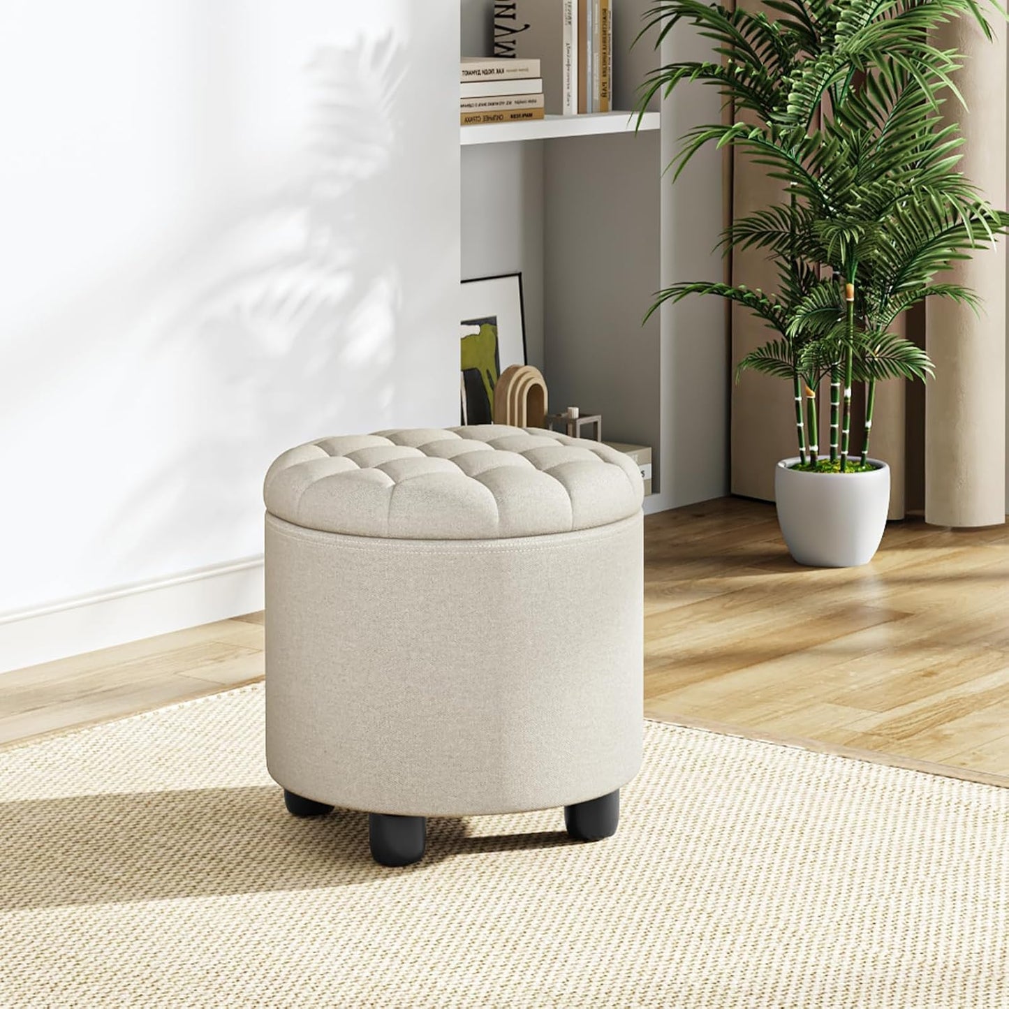 Furniliving Modern Round Storage Ottoman,Button Tufted Ottoman Foot Stools Ottoman Footstool with Removable Lid Storage Ottoman for Living Room, Bedroom, Makeup Room，Beige