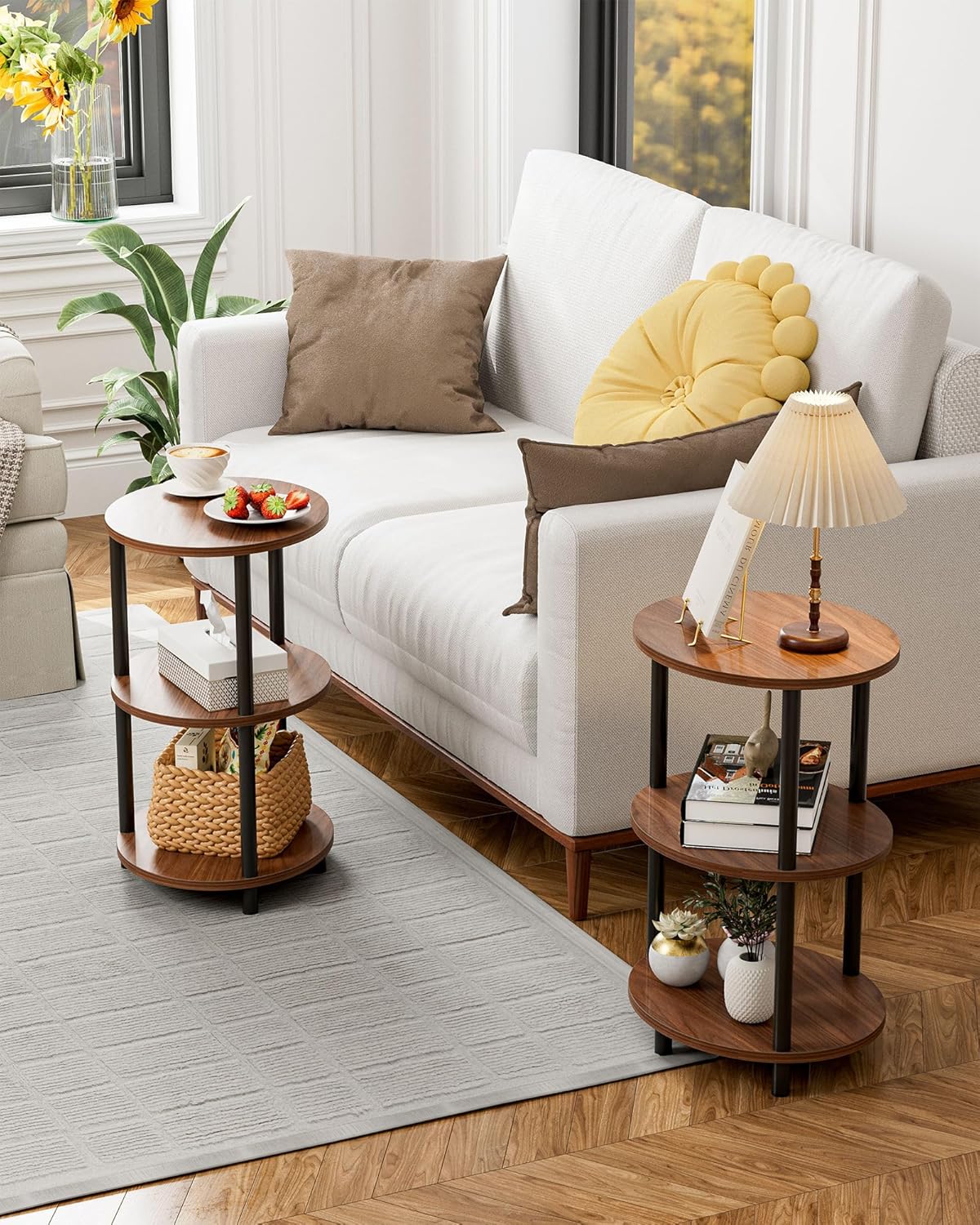 Small Round Side Table - 3-Tier Oval Accent Table for Small Spaces, Rustic Wood and Metal Couch End Table, Nightstand for Bedroom or End Table Living Room, Easy to Assemble, Rustic Walnut