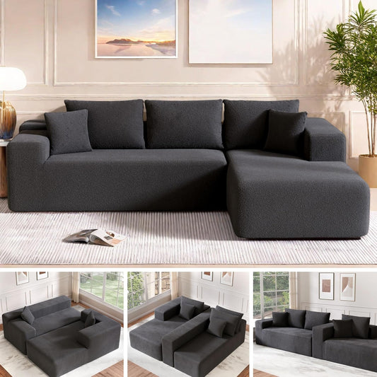 Cloud Sectional Couch, 104”L-Shape Oversized Sofa with Left Chaise Lounge, Modular Sleeper Couch with Pillows & Deep Seat, Rain Drop Velvet Fabric Compressed Sofa for Living Room, Dark Gray