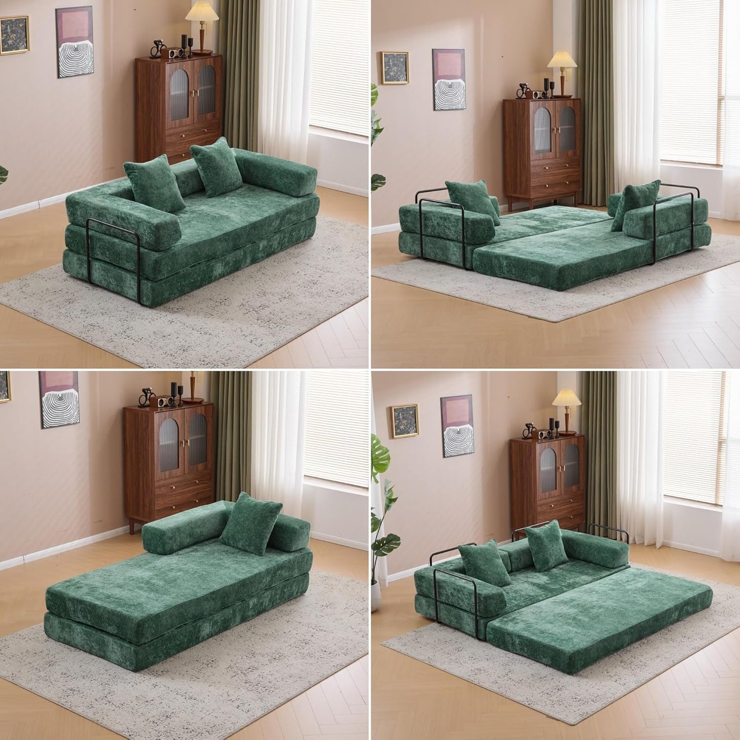 Convertible Sofa Bed, Compression Futon Sofa with Pillows & Armrest, Foldable Mattress Couch with Fixed-Shape Frame, Comfy Couch Lounge Sleeper Bed for Living Room Bedroom, Dark Green