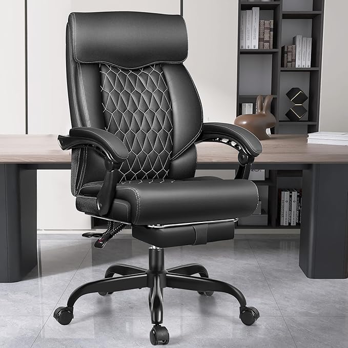 Office Chair, Big and Tall Office Desk Chair, Reclining Office Chair with Footrest Home Office Desk Chairs, High Back Ergonomic with Lumbar Support, Executive Leather