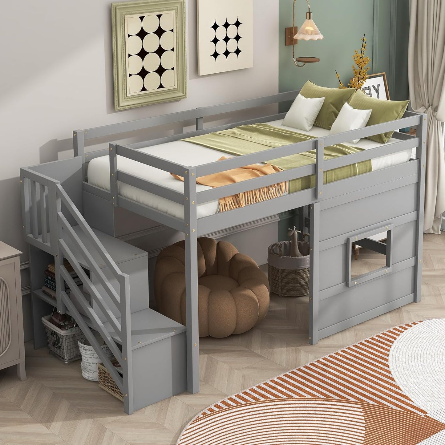 Twin Size Loft Bed with Storage Staircase and Window,Wood Twin Loft Bunk Bedframe with Full-Length Guardrail and Sturdy Slat Support, No Noise,No Box Spring Needed,for Kids,Teens,Boys,Girls,Gray