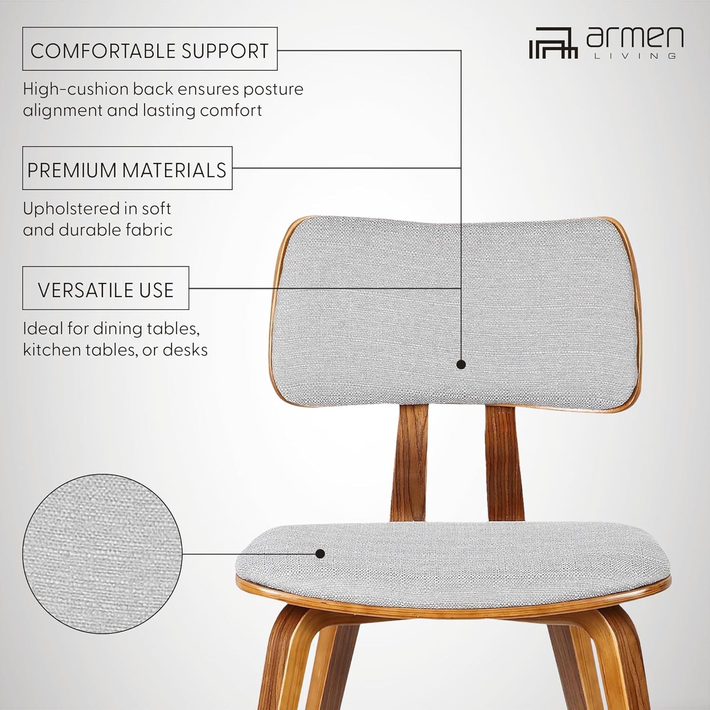 Armen Living Jaguar Mid Century Modern Dining Accent Chair for Kitchen Table Desk Vanity in Grey Fabric and Walnut Wood Finish