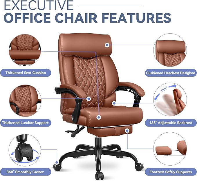 Office Chair, Big and Tall Office Desk Chair, Reclining Office Chair with Footrest Home Office Desk Chairs, High Back Ergonomic with Lumbar Support, Executive Leather