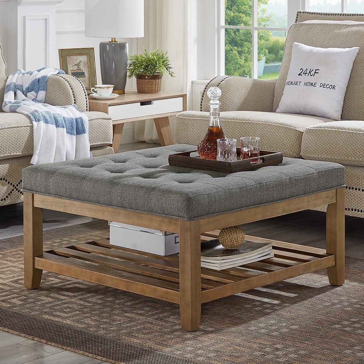 24KF Large Square Upholstered Tufted Linen Ottoman Coffee Table, Large Footrest Ottoman with Solid Wood Shelf-Granite