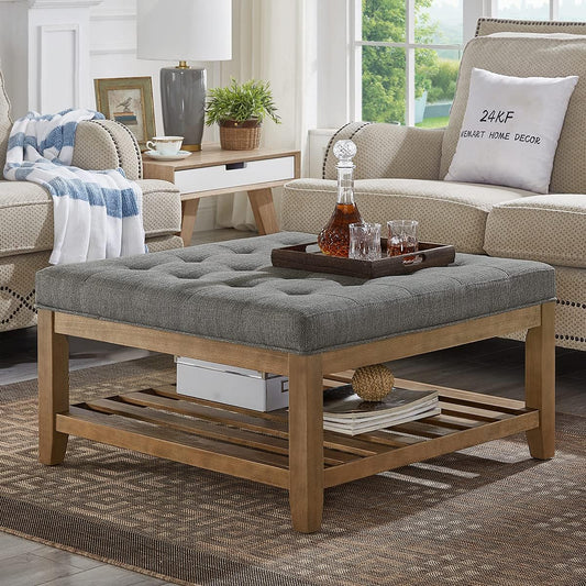 24KF Large Square Upholstered Tufted Linen Ottoman Coffee Table, Large Footrest Ottoman with Solid Wood Shelf-Granite