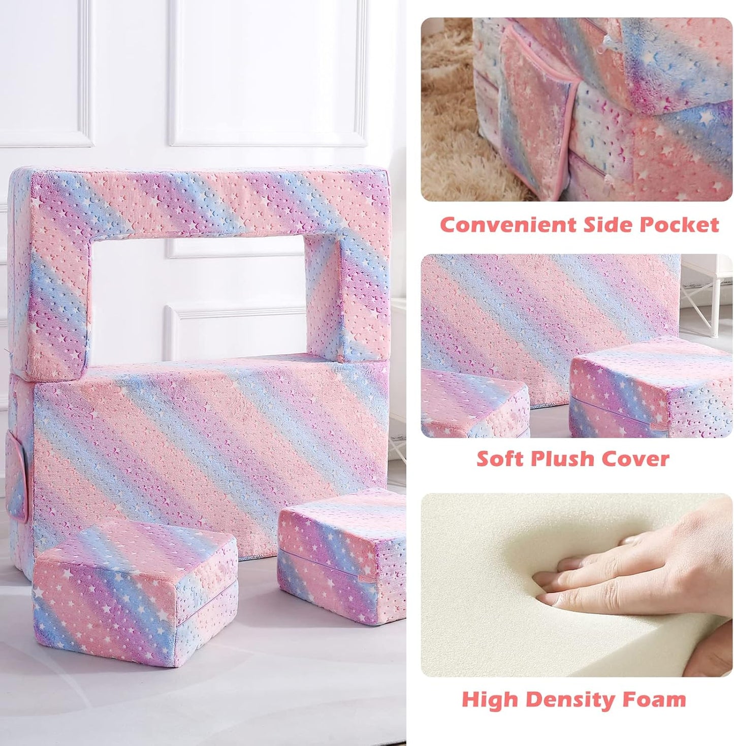 Kids Couch, Glow in The Dark Modular Explore Sofa for Toddler 3 in 1 Fold Out Sofa, Convertible Plush Couch with Washable and Durable Covers